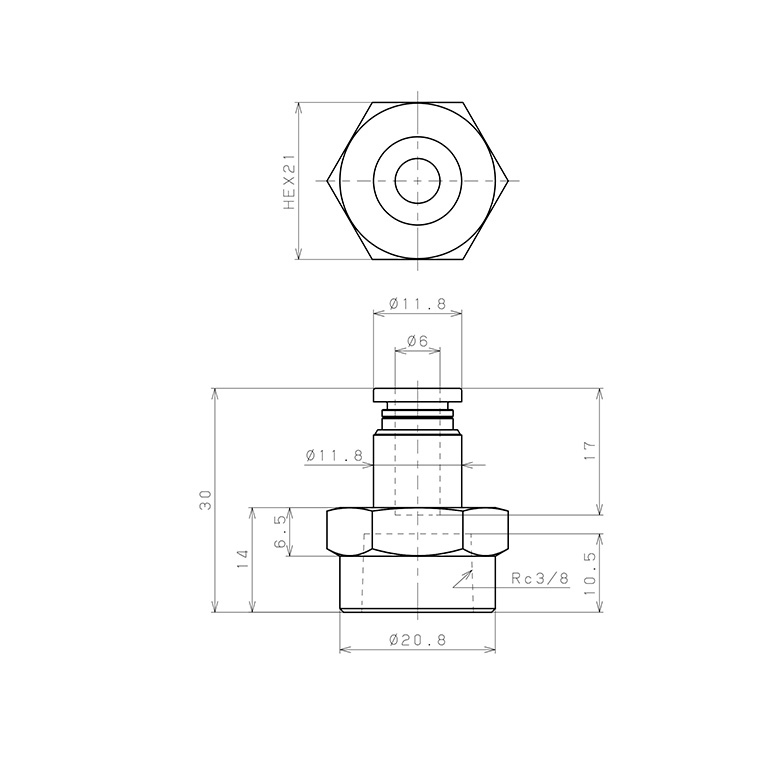 Bản vẽ kỹ thuật Đầu Nối Nhanh Khí Nén Dạng Thẳng Ren Trong Pisco PCF6-03-C