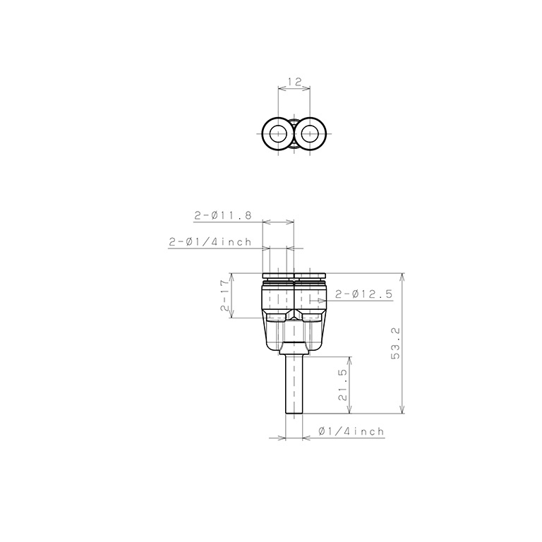 Bản vẽ kỹ thuật Đầu Nối Nhanh Khí Nén Giữa Ống Khí Và Fitting Dạng Chữ Y Pisco PYJ1/4-C