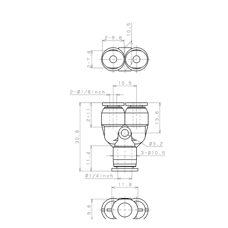 Bản vẽ kỹ thuật Đầu Nối Nhanh Khí Nén Chữ Y Dạng Nối Giảm Pisco PW1/4-1/8M