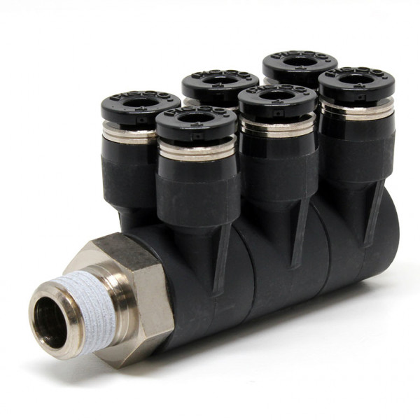 Đầu Nối Nhanh Khí Nén Sáu Nhánh Cong 90° Thân Lục Giác Trụ Ren Ngoài Pisco PAT4-01
