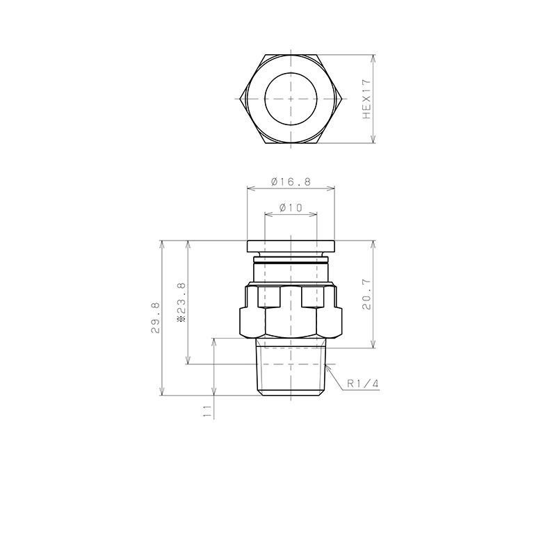 Bản vẽ kỹ thuật Đầu Nối Nhanh Khí Nén Dạng Thẳng Thân Lục Giác Ren Ngoài Pisco PC10-02-UC