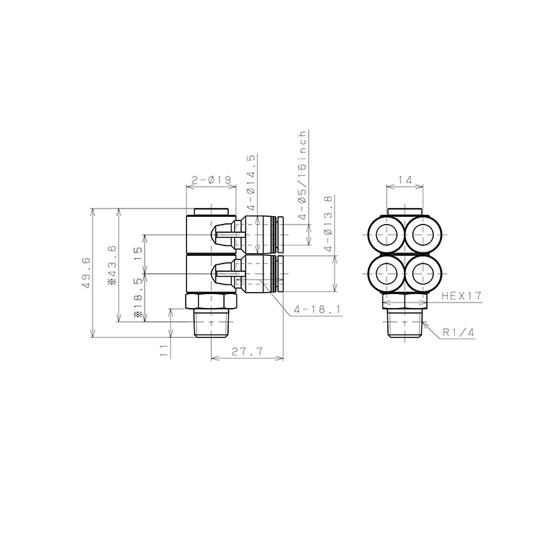 Bản vẽ kỹ thuật Đầu Nối Nhanh Khí Nén Bốn Nhánh Cong 90° Thân Lục Giác Trụ Ren Ngoài Pisco PAW5/16-02