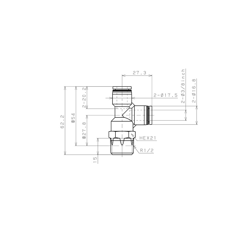 Bản vẽ kỹ thuật Đầu Nối Nhanh Khí Nén Dạng Chữ T Ren Ngoài Pisco PD3/8-04