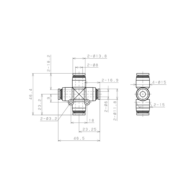 Bản vẽ kỹ thuật Đầu Nối Nhanh Khí Nén Ngã 4 Dạng Nối Giảm Pisco PZB8-6W