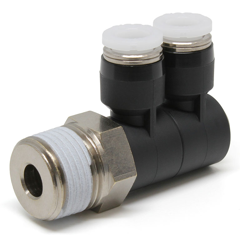 Đầu Nối Nhanh Khí Nén Hai Nhánh Cong 90° Thân Lục Giác Trụ Ren Ngoài Pisco PHW1/4-03