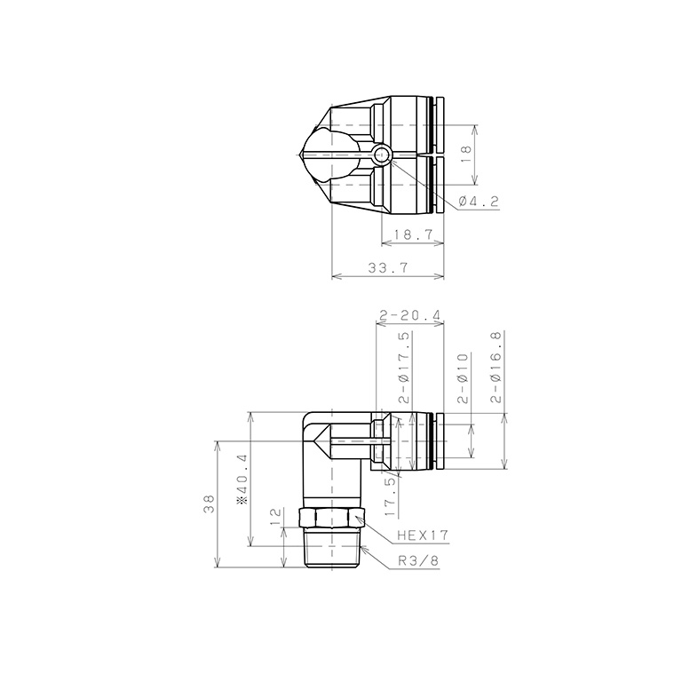 Bản vẽ kỹ thuật Đầu Nối Nhanh Khí Nén Hai Nhánh Cong 90° Ren Ngoài Pisco PAX10-03SUS