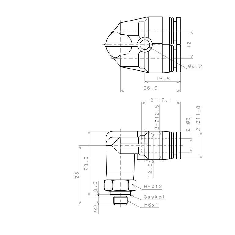 Bản vẽ kỹ thuật Đầu Nối Nhanh Khí Nén Hai Nhánh Cong 90° Ren Ngoài Pisco PAX6-M6SUS