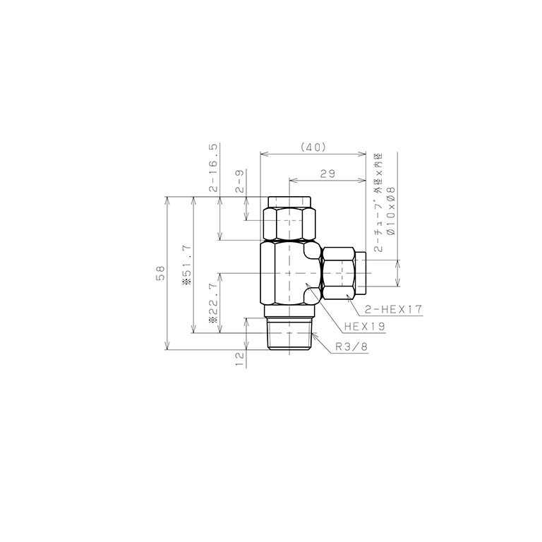 Bản vẽ kỹ thuật Đầu Ngạnh Nối Ống Có Đai Ốc Xiết Dạng Chữ T Ren Ngoài Pisco NSD1080-03