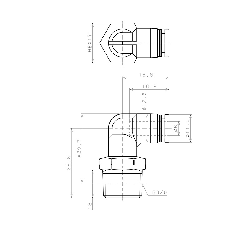 Bản vẽ kỹ thuật Đầu Nối Nhanh Khí Nén Dạng Cong 90° Ren Ngoài Pisco PL6-03SUS