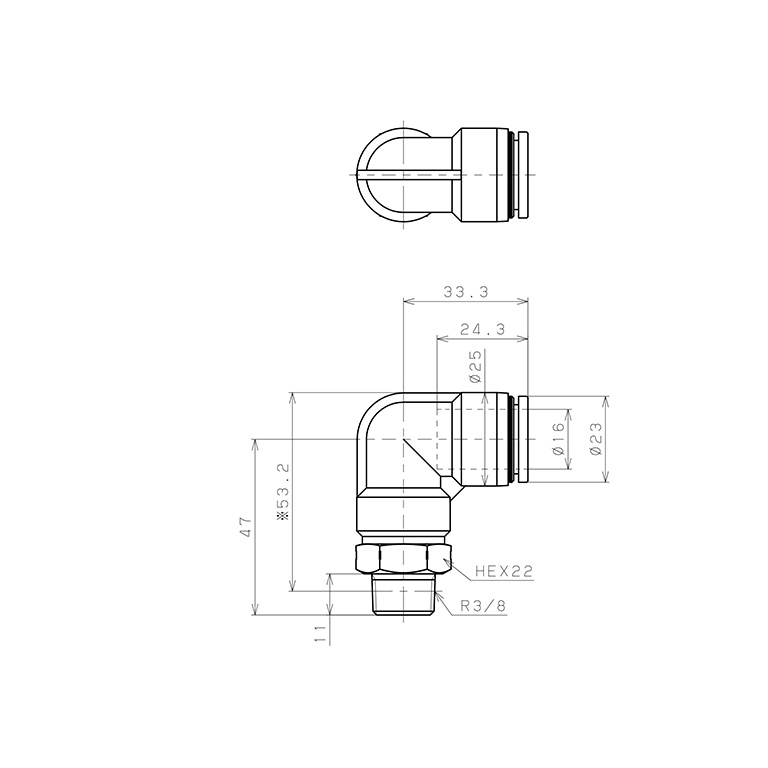 Bản vẽ kỹ thuật Đầu Nối Nhanh Khí Nén Dạng Cong 90° Ren Ngoài Pisco PL16-03SUS
