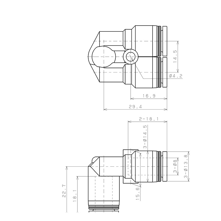 Bản vẽ kỹ thuật Đầu Nối Nhanh Khí Nén Ba Ngã Cong 90° Pisco PAU8SUS