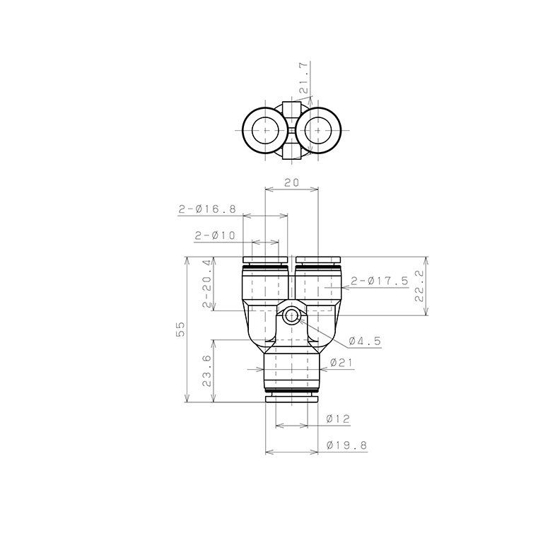 Bản vẽ kỹ thuật Đầu Nối Nhanh Khí Nén Chữ Y Dạng Nối Giảm Pisco PPW12-10-F