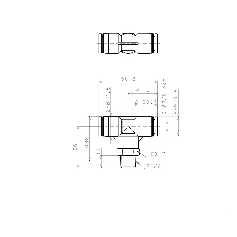 Bản vẽ kỹ thuật Đầu Nối Nhanh Khí Nén Dạng Chữ T Ren Ngoài Pisco PPB3/8-02SUS