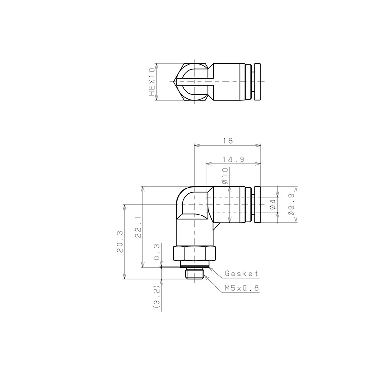 Bản vẽ kỹ thuật Đầu Nối Nhanh Khí Nén Dạng Cong 90° Ren Ngoài Pisco SPL4-M5-UC