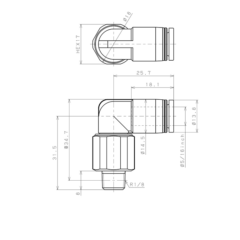 Bản vẽ kỹ thuật Đầu Nối Nhanh Khí Nén Dạng Cong 90° Ren Ngoài Có Khớp Xoay Pisco RL5/16-01