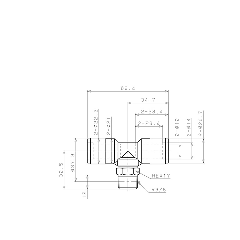 Bản vẽ kỹ thuật Đầu Nối Nhanh Khí Nén Dạng Chữ T Ren Ngoài Pisco PB12-03V-0