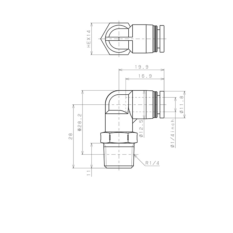 Bản vẽ kỹ thuật Đầu Nối Nhanh Khí Nén Dạng Cong 90° Ren Ngoài Pisco PPL1/4-02SUS-HN
