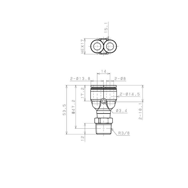 Bản vẽ kỹ thuật Đầu Nối Nhanh Khí Nén Dạng Chữ Y Ren Ngoài Pisco PPX8-03-UC