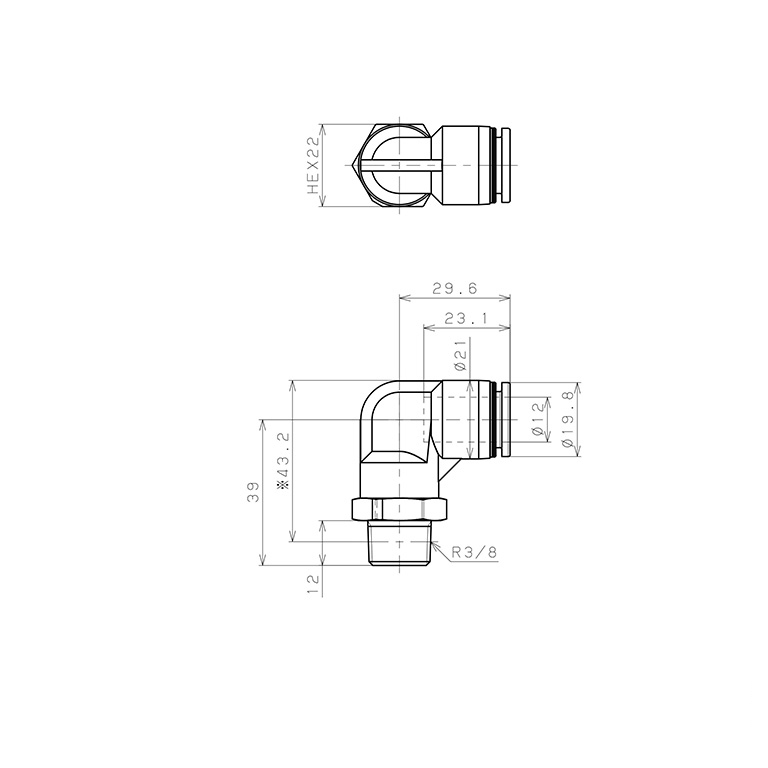 Bản vẽ kỹ thuật Đầu Nối Nhanh Khí Nén Dạng Cong 90° Ren Ngoài Pisco PPL12-03-F-C