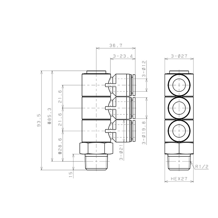 Bản vẽ kỹ thuật Đầu Nối Nhanh Khí Nén Ba Nhánh Cong 90° Thân Lục Giác Trụ Ren Ngoài Pisco SPHT12-04