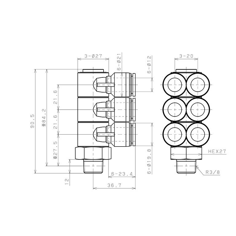 Bản vẽ kỹ thuật Đầu Nối Nhanh Khí Nén Sáu Nhánh Cong 90° Thân Lục Giác Trụ Ren Ngoài Pisco SPAT12-03