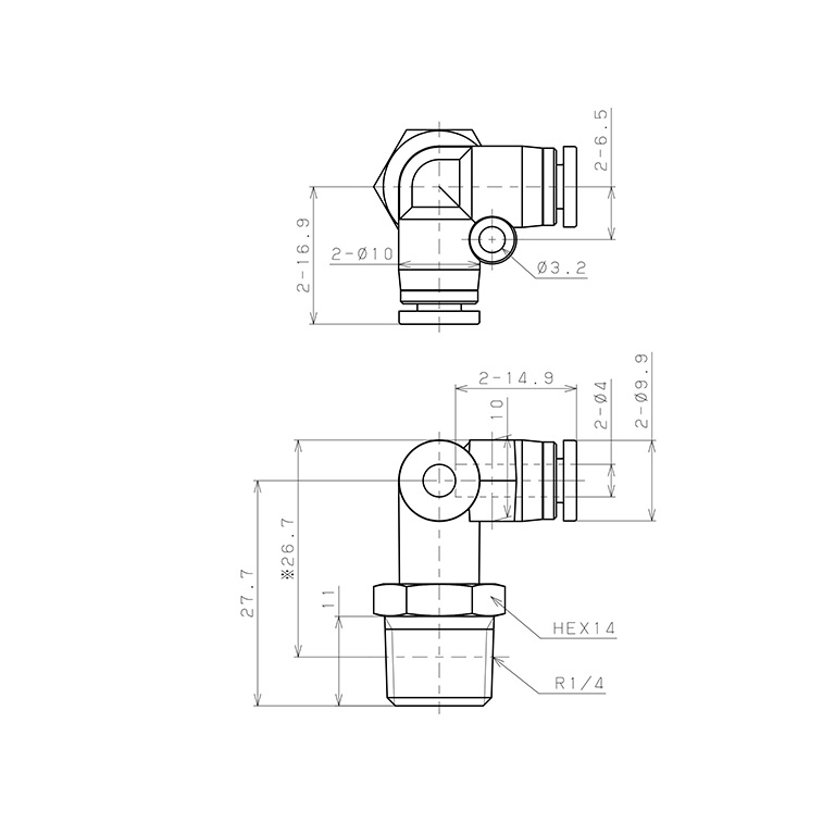 Bản vẽ kỹ thuật Đầu Nối Nhanh Khí Nén Hai Nhánh Chạc Ba Cong 90° Ren Ngoài Pisco SPVX4-02