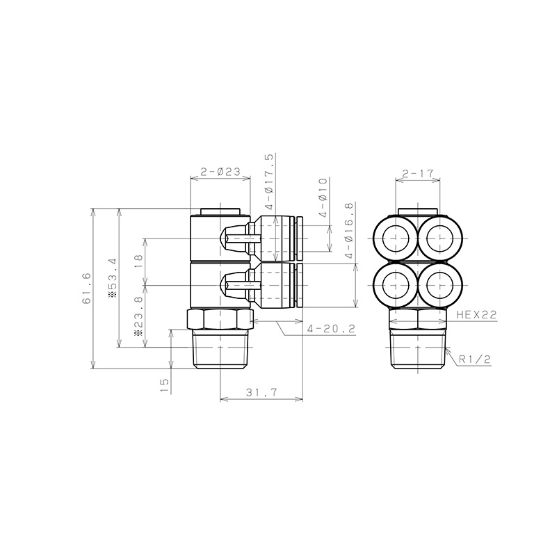 Bản vẽ kỹ thuật Đầu Nối Nhanh Khí Nén Bốn Nhánh Cong 90° Thân Lục Giác Trụ Ren Ngoài Pisco SPAW10-04