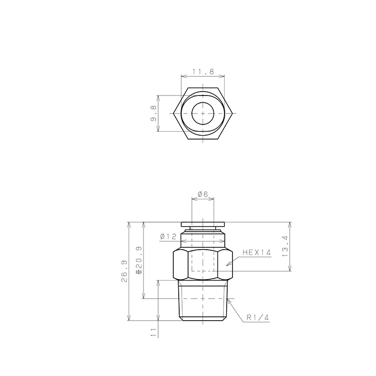 Bản vẽ kỹ thuật Đầu Nối Nhanh Khí Nén Dạng Thẳng Ren Ngoài Có Van Tự Ngắt Pisco PSC6-02M