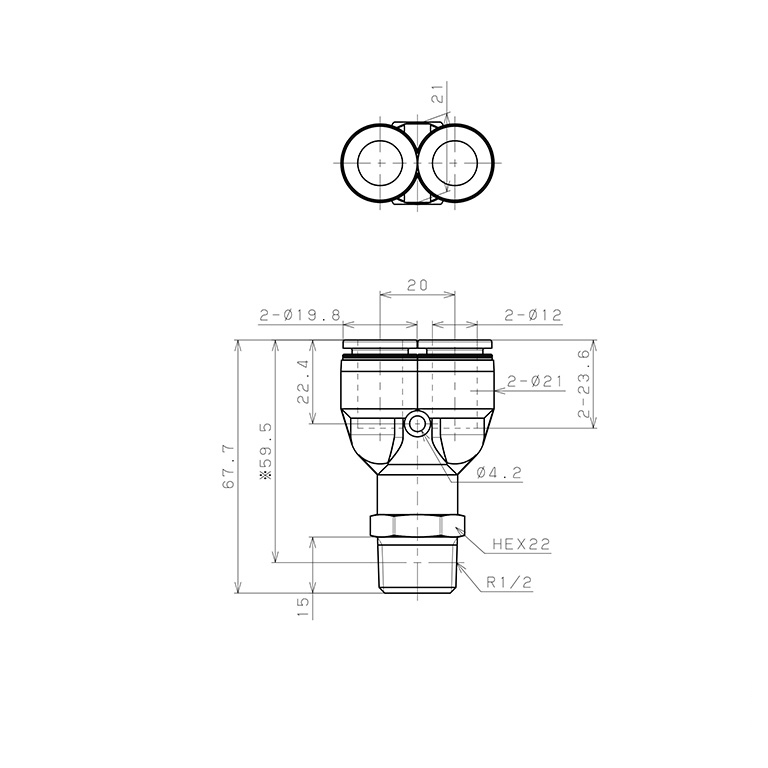 Bản vẽ kỹ thuật Đầu Nối Nhanh Khí Nén Dạng Chữ Y Ren Ngoài Pisco PPX12-04-F