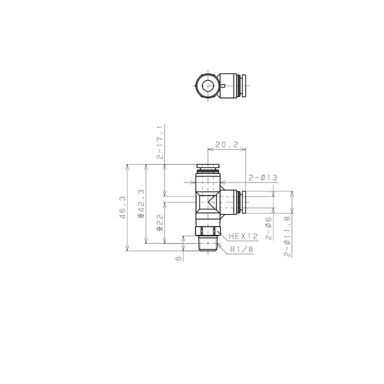 Bản vẽ kỹ thuật Đầu Nối Nhanh Khí Nén Dạng Chữ T Ren Ngoài Pisco PPD6-01SUS-F-S