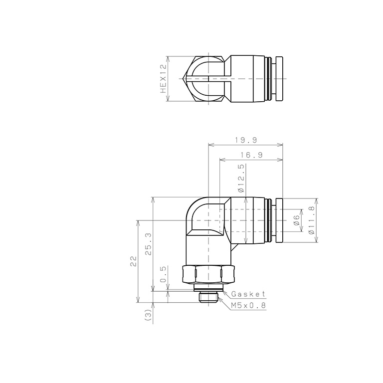 Bản vẽ kỹ thuật Đầu Nối Nhanh Khí Nén Dạng Cong 90° Ren Ngoài Pisco PPL6-M5SUS-UC