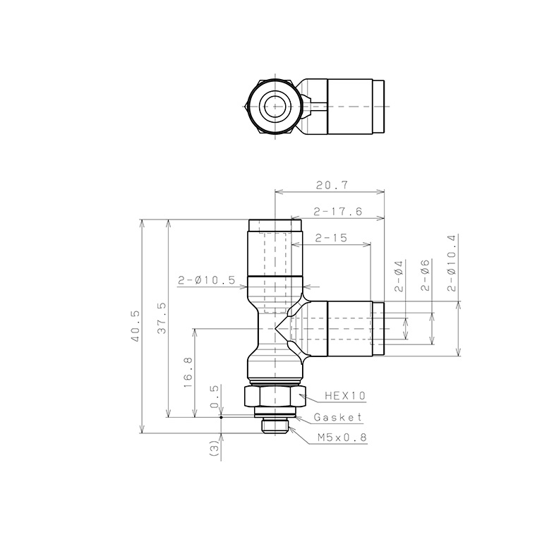 Bản vẽ kỹ thuật Đầu Nối Nhanh Khí Nén Dạng Chữ T Ren Ngoài Pisco KD4-M5-F