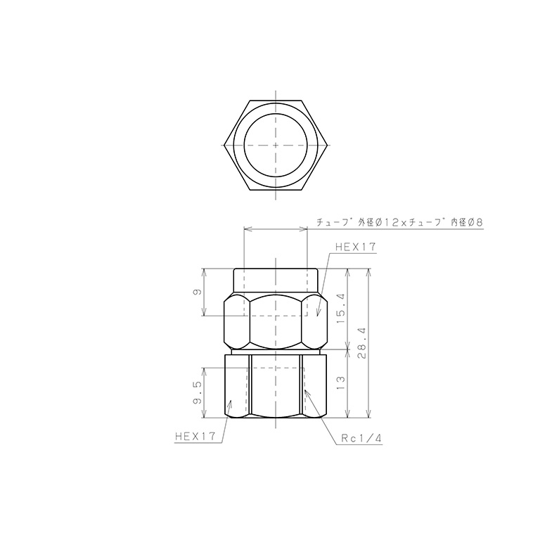Bản vẽ kỹ thuật Đầu Ngạnh Nối Ống Có Đai Ốc Xiết Dạng Thẳng Thân Lục Giác Ren Trong Pisco NKCF1280-02