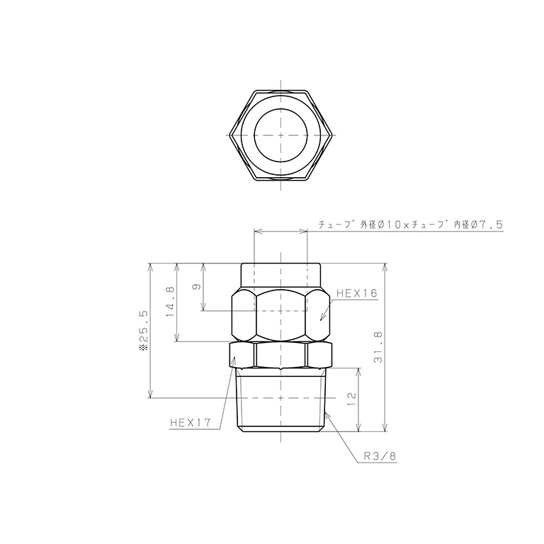 Bản vẽ kỹ thuật Đầu Ngạnh Nối Ống Có Đai Ốc Xiết Dạng Thẳng Thân Lục Giác Ren Ngoài Pisco NKC1075-03