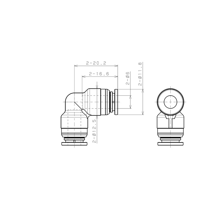 Bản vẽ kỹ thuật Đầu Nối Nhanh Khí Nén Cong 90° Pisco KV6-1