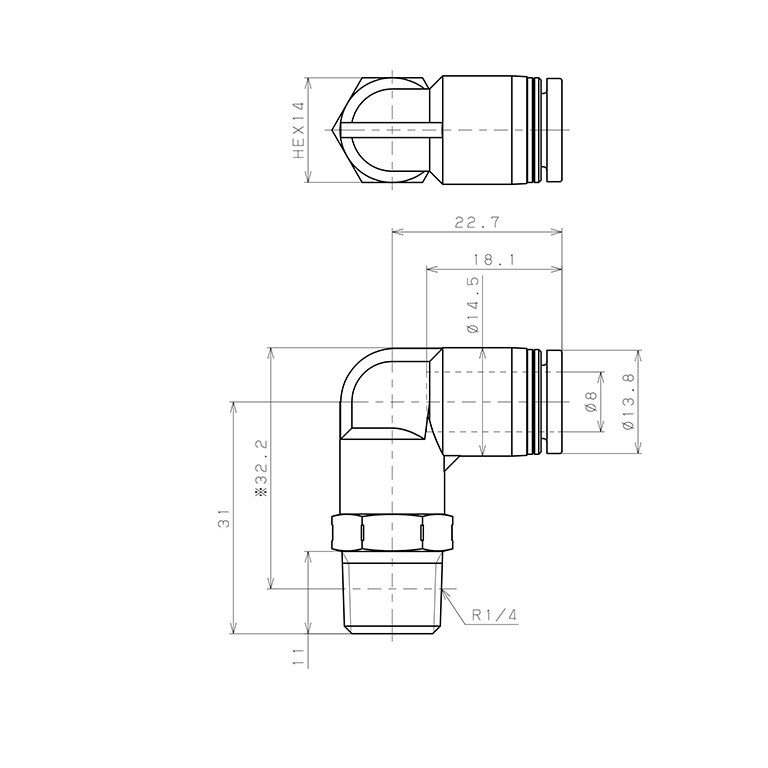 Bản vẽ kỹ thuật Đầu Nối Nhanh Khí Nén Dạng Cong 90° Ren Ngoài Pisco PL8-02SUS