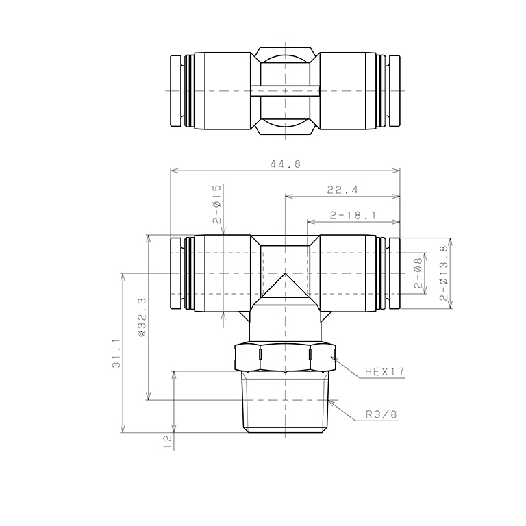 Bản vẽ kỹ thuật Đầu Nối Nhanh Khí Nén Dạng Chữ T Ren Ngoài Pisco PB8-03SUS