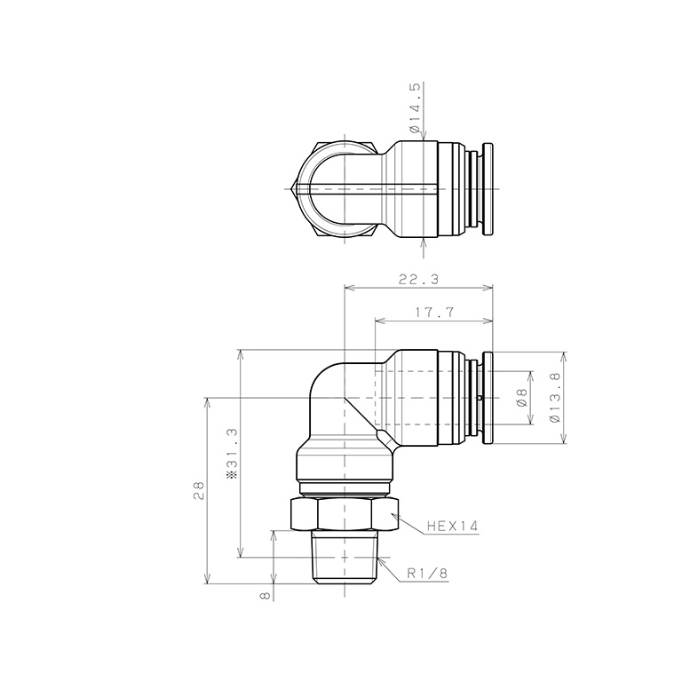 Bản vẽ kỹ thuật Đầu Nối Nhanh Khí Nén Dạng Cong 90° Ren Ngoài Pisco KL8-01-1-F