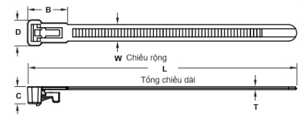 Bản vẽ kỹ thuật Dây Rút Nhựa Tháo Được Màu Đen KST 125 x 7.6 mm KR-125H-B