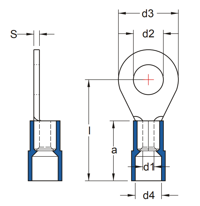 Bản vẽ kỹ thuật Đầu Cosse Tròn Cách Điện Màu Đỏ KST 1 mm2 DRNYBS4-1