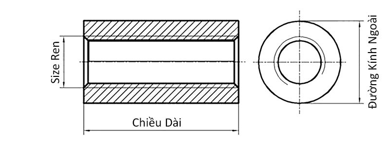 Bản vẽ kỹ thuật Ống Nối Ty Ren Inox 304 M16x40