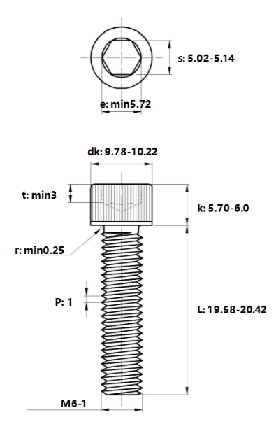 Bản vẽ kỹ thuật Lục Giác Chìm Đầu Trụ Thép Đen 12.9 DIN912 M6x20
