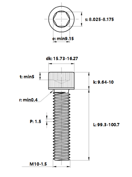 Bản vẽ kỹ thuật Lục Giác Chìm Đầu Trụ Inox 304 DIN912 M10x100