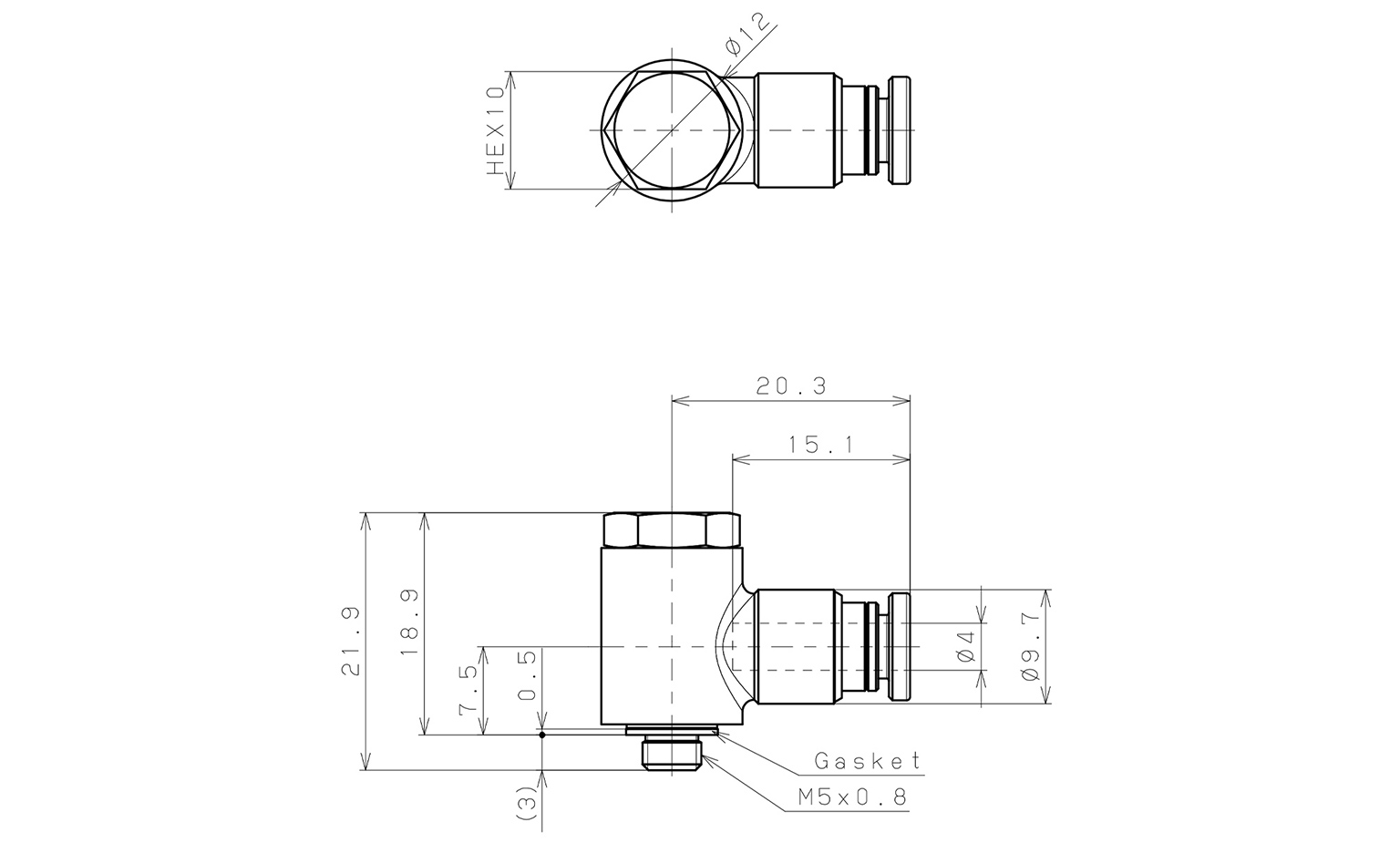Bản vẽ kỹ thuật Đầu Nối Nhanh Khí Nén Cong 90° Đầu Lục Giác Trụ Ren Ngoài Pisco KH4-M5-1-F