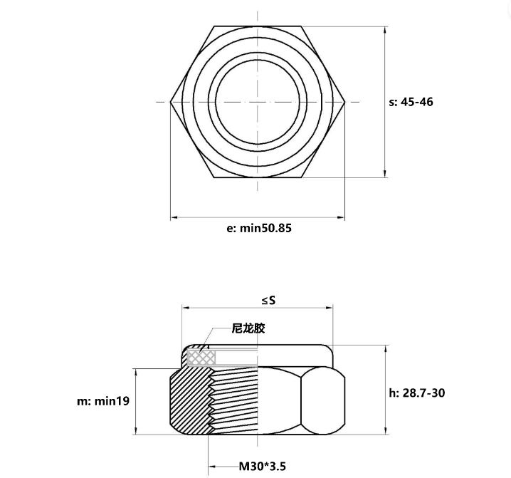 Bản vẽ kỹ thuật Tán Keo Thép Mạ Kẽm Trắng Cr3+ 8.8 DIN985 M30
