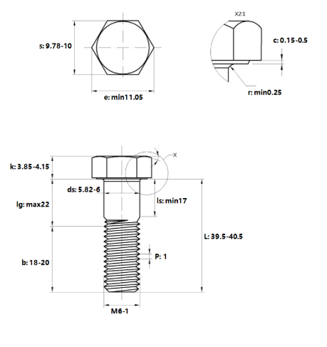 Bản vẽ kỹ thuật Bulong Mạ Kẽm Trắng Cr3+ 8.8 DIN931 M6x40 Ren Lửng