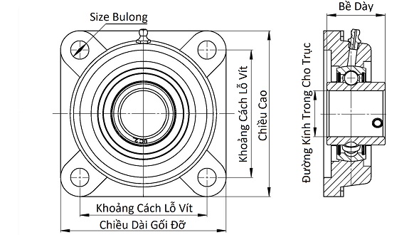 Bản vẽ kỹ thuật Gối Đỡ Vòng Bi UCF 212 Asahi (d60) Mặt Bích Vuông