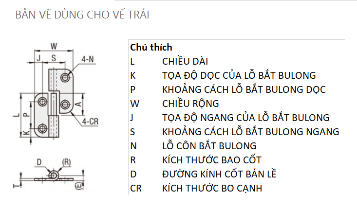 Bản vẽ kỹ thuật Bản Lề Tháo Rời Trái Inox 304 (SHHPSL5-2) L 41 mm