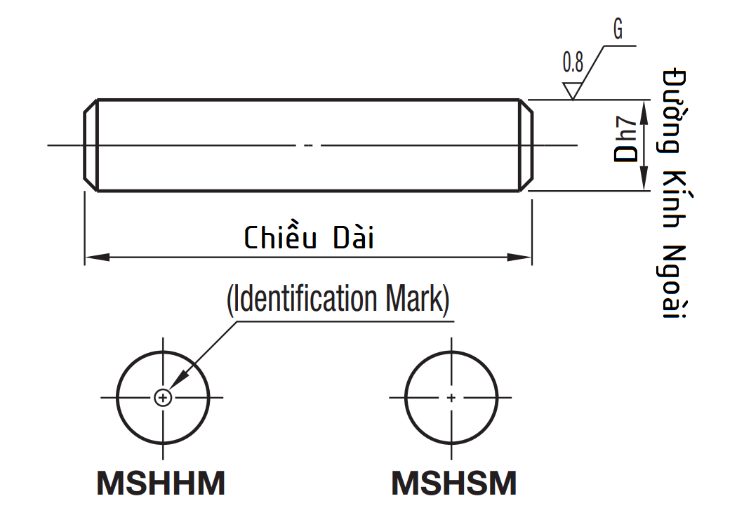 Bản vẽ kỹ thuật Chốt Định Vị Vát 2 Đầu Inox 304 D2x8 MSHSM2-8 (h7)