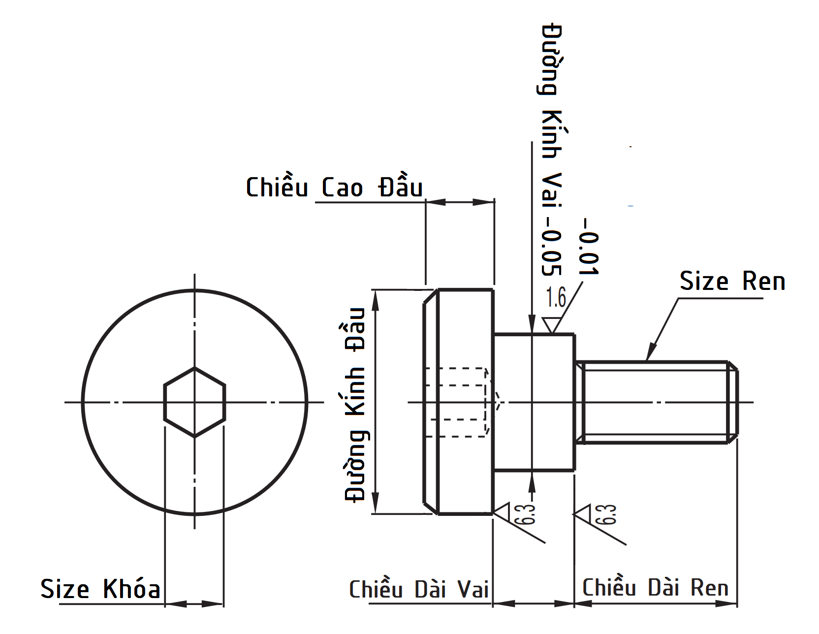 Bản vẽ kỹ thuật Bulong Vai Lục Giác D10x10 CBDBR10-10